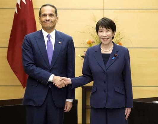 Japan-Qatar summit Japanese Prime Minister Sanae Takaichi (R) shakes hands with her Qatari counterpart Sheikh Mohammed bin Abdulrahman Al-Thani at the premier s office in Tokyo on Oct. 2, 2026.  A14AA0005629738P