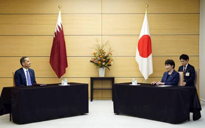Japan-Qatar summit Japanese Prime Minister Sanae Takaichi (R) holds talks with her Qatari counterpart Sheikh Mohammed bin Abdulrahman Al-Thani at the premier s office in Tokyo on Oct. 2, 2026.  A14AA0005629739P