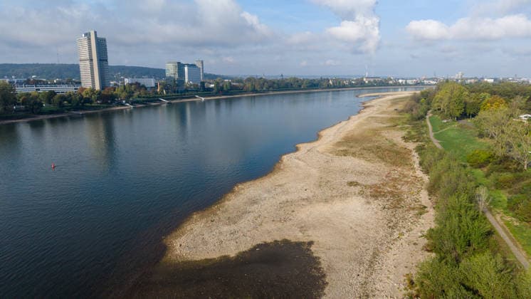 Niedrigwasser legt Rheinufer in Bonn-Ramersdorf frei Bonn, 02.10.2026: Ausgetrockneter Uferbereich des Rheins in Bonn-Ramersdorf. Wegen des weiterhin niedrigen Wasserstands sind große Teile des sonst vom Rhein bedeckten Uferbereichs sichtbar. Am Pegel Bonn wurde am 2. Oktober 2026 gegen 00:30 Uhr ein Wasserstand von rund 61 Zentimetern gemessen. Zum Vergleich: Der mittlere Wasserstand am Pegel Bonn liegt bei etwa 311 Zentimetern. Bonn Ramersdorf Nordrhein-Westfalen Deutschland