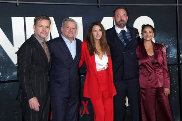 Matt Damon, Ted Sarandos, Luciana Barroso, Ben Affleck, Bela Bajaria at arrivals for ANIMALS Premiere, Westwood Village Theatre, Los Angeles, CA, October 01, 2026. Photo By: Priscilla Grant Everett Collection ANIMALS Premiere PUBLICATIONXNOTxINxCANxCHNxFRAxITAxJPNxNORxPOLxRUSxESPxUKxUSA