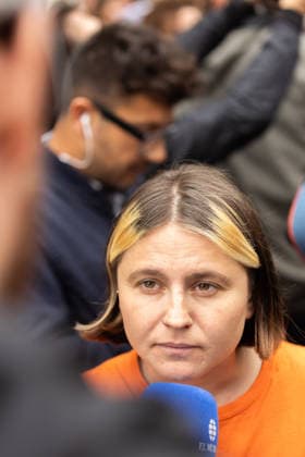 October 2, 2026, Madrid, Madrid, SPAIN: The spokeswoman for the Tenants Union, VALERIA RACU, on the outskirts of the Congress of Deputies while the session is being held to approve or reject the Maricarmen decrees that intervene in the housing market. The Union maintains a camp with more than 1,200 stores in Puerta del Sol after an investment fund evicted the 87-year-old woman to put the apartment she paid for 70 years for tourist rental. Madrid SPAIN  - ZUMAl221 20261002_zip_l221_027 Copyright: xIgnacioxLopezxIsasmendix