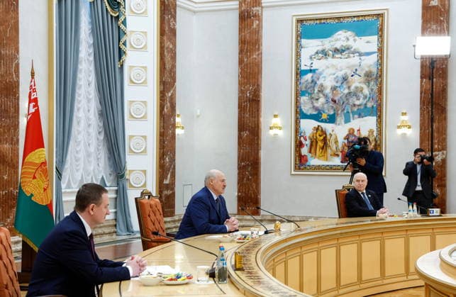BELARUS, MINSK - OCTOBER 2, 2026: Alexander Lukashenko (C), President of Belarus, Prime Minister Alexander Turchin (L), and Sergei Lebedev, Secretary General of the Commonwealth of Independent States (CIS), attend a meeting with the heads of government of the Eurasian Economic Union at the Independence Palace Minsk Belarus  - ZUMAt113 20261002_zaa_t113_169 Copyright: xDmitryxAstakhovx