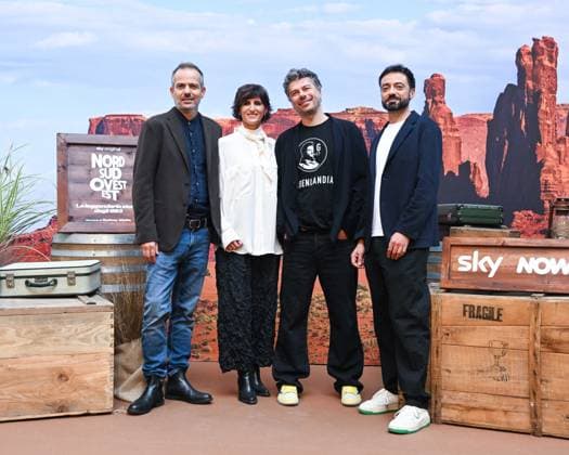 IPA89216125 - Milan, North, South, West, East: The Legendary Story of the 883, Season 2 In the photo: Sydney Sibilia with the directors  Copyright: xManuelexMangiarotti ipa-agency.netx xManuelexMangiarottix IPA89216125