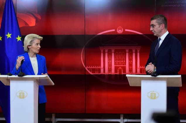 President of the European Commission Ursula von der Leyen during a joint press conference with the Prime Minister of North Macedonia Hristijan Mickoski in Skopje, North Macedonia, 2 October 2026. IMAGO PETR STOJANOVSKI