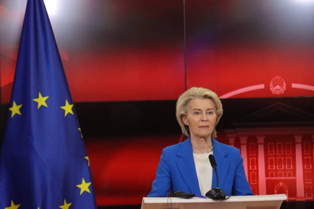 EU Commission President Ursula von der Leyen meets Prime Minister Hristijan Mickoski in Skopje SKOPJE, NORTH MACEDONIA - OCTOBER 2: European Commission President Ursula von der Leyen and Prime Minister of North Macedonia Hristijan Mickoski (not seen) hold a joint press conference following their bilateral meeting at the Government Building in Skopje, North Macedonia on October 2, 2026. Von der Leyen visited Skopje as part of her Western Balkans tour to discuss EU accession progress and regional cooperation. Umeys Sulejman Anadolu Skopje North Macedonia. Editorial use only. Please get in touch for any other usage.  Copyright: x2026xAnadoluxUmeysxSulejmanx