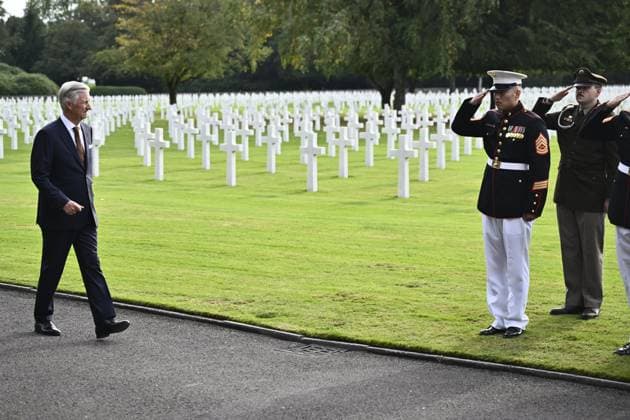 King Philippe - Filip of Belgium pictured during a royal visit to the World War II Commemoration at the American Military Cemetery in Henri-Chapelle, Plombieres, on Friday 2 October 2026. The ceremony pays tribute to the American veterans in attendance and to their fallen comrades-in-arms. It features testimonials, musical performances, and prayers, as well as a wreath-laying ceremony, a salute, and a flyover by U.S. aircraft.  ERICxLALMAND 188541573