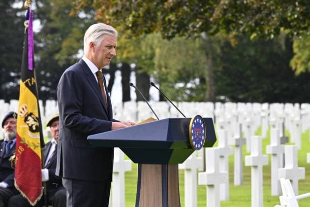 King Philippe - Filip of Belgium pictured giving a speech during a royal visit to the World War II Commemoration at the American Military Cemetery in Henri-Chapelle, Plombieres, on Friday 2 October 2026. The ceremony pays tribute to the American veterans in attendance and to their fallen comrades-in-arms. It features testimonials, musical performances, and prayers, as well as a wreath-laying ceremony, a salute, and a flyover by U.S. aircraft.  ERICxLALMAND 188543870