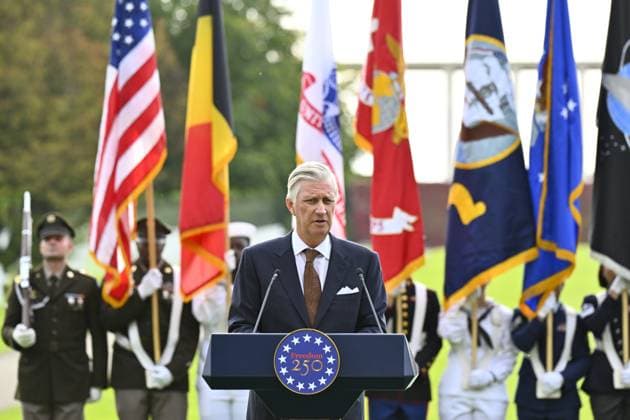King Philippe - Filip of Belgium pictured giving a speech during a royal visit to the World War II Commemoration at the American Military Cemetery in Henri-Chapelle, Plombieres, on Friday 2 October 2026. The ceremony pays tribute to the American veterans in attendance and to their fallen comrades-in-arms. It features testimonials, musical performances, and prayers, as well as a wreath-laying ceremony, a salute, and a flyover by U.S. aircraft.  ERICxLALMAND 188543903