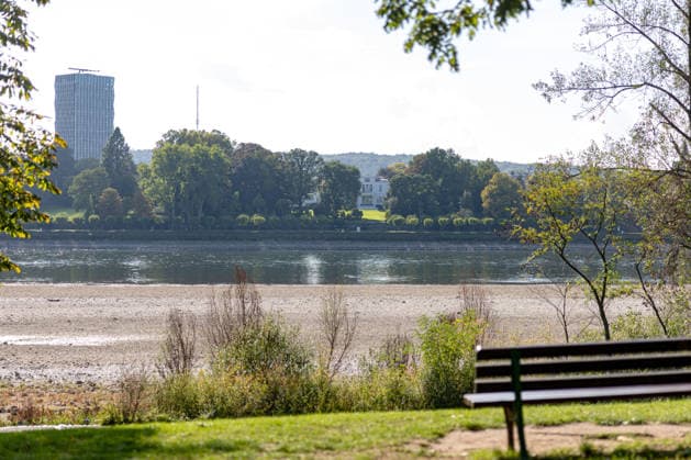 Niedrigwasser am Rhein in Bonn: Blick vom Beueler Ufer - 02.10.26 Blick vom Beueler Rheinufer auf das durch die anhaltende Niedrigwasserlage größtenteils trockenliegende Flussbett des Rheins in Bonn. Die Schifffahrt ist eingeschränkt, der Pegel Bonn liegt bei 64 cm und damit nur wenig über dem Rekordtief von 58 cm vom 29. September. Bonn Beuel Nordrhein-Westfalen Deutschland Copyright: xMarcxJohnx