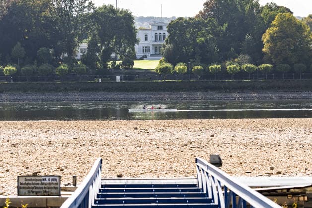 Niedrigwasser am Rhein in Bonn: Blick vom Beueler Ufer - 02.10.26 Blick vom Beueler Rheinufer auf das durch die anhaltende Niedrigwasserlage größtenteils trockenliegende Flussbett des Rheins in Bonn. Die Schifffahrt ist eingeschränkt, der Pegel Bonn liegt bei 64 cm und damit nur wenig über dem Rekordtief von 58 cm vom 29. September. Freiliegender Bootssteg. Im Hintergrund die Villa Hammeschmidt. Vorbeiziehendes Ruderboot Bonn Beuel Nordrhein-Westfalen Deutschland Copyright: xMarcxJohnx
