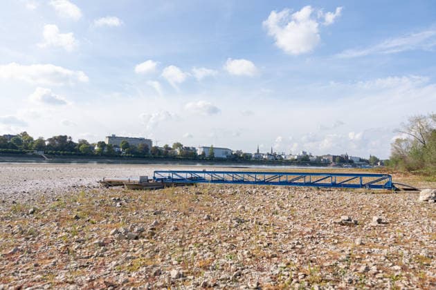 Niedrigwasser am Rhein in Bonn: Blick vom Beueler Ufer - 02.10.26 Blick vom Beueler Rheinufer auf das durch die anhaltende Niedrigwasserlage größtenteils trockenliegende Flussbett des Rheins in Bonn. Die Schifffahrt ist eingeschränkt, der Pegel Bonn liegt bei 64 cm und damit nur wenig über dem Rekordtief von 58 cm vom 29. September. Freiliegender Bootssteg Bonn Beuel Nordrhein-Westfalen Deutschland Copyright: xMarcxJohnx