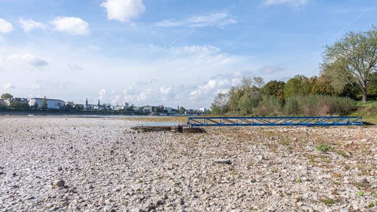 Niedrigwasser am Rhein in Bonn: Blick vom Beueler Ufer - 02.10.26 Blick vom Beueler Rheinufer auf das durch die anhaltende Niedrigwasserlage größtenteils trockenliegende Flussbett des Rheins in Bonn. Die Schifffahrt ist eingeschränkt, der Pegel Bonn liegt bei 64 cm und damit nur wenig über dem Rekordtief von 58 cm vom 29. September. Freiliegender Bootssteg Bonn Beuel Nordrhein-Westfalen Deutschland Copyright: xMarcxJohnx