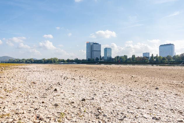 Niedrigwasser am Rhein in Bonn: Blick vom Beueler Ufer - 02.10.26 Blick vom Beueler Rheinufer auf das durch die anhaltende Niedrigwasserlage größtenteils trockenliegende Flussbett des Rheins in Bonn. Die Schifffahrt ist eingeschränkt, der Pegel Bonn liegt bei 64 cm und damit nur wenig über dem Rekordtief von 58 cm vom 29. September. Im Hintergrund die Bonner Skyline mit Post Tower, Langer Eugen, Climate Tower (UN Campus), Radisson Blu Hotel am WCCB Bonn Beuel Nordrhein-Westfalen Deutschland Copyright: xMarcxJohnx