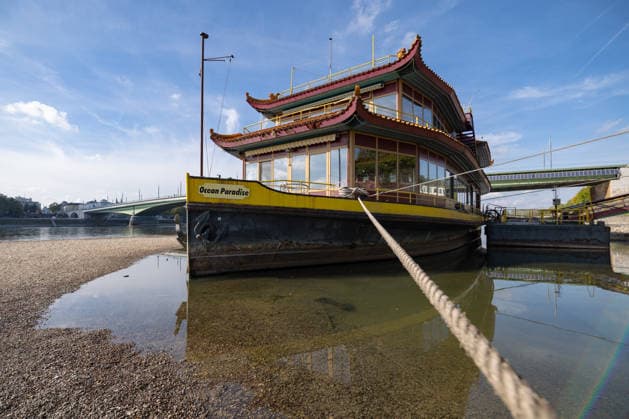 Niedrigwasser am Rhein in Bonn: Das China-Schiff an der Kennedybrücke - 02.10.26 Blick auf die Kennedybrücke in Bonn: Durch die anhaltende Niedrigwasserlage liegt das sogenannte China-Schiff, das seit 2023 geschlossene Restaurantschiff Ocean Paradise , fast trocken. Die Schifffahrt ist eingeschränkt, der Pegel Bonn liegt bei 64 cm und damit nur wenig über dem Rekordtief von 58 cm vom 29. September. Bonn Beuel Nordrhein-Westfalen Deutschland Copyright: xMarcxJohnx
