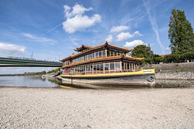 Niedrigwasser am Rhein in Bonn: Das China-Schiff an der Kennedybrücke - 02.10.26 Blick auf die Kennedybrücke in Bonn: Durch die anhaltende Niedrigwasserlage liegt das sogenannte China-Schiff, das seit 2023 geschlossene Restaurantschiff Ocean Paradise , fast trocken. Die Schifffahrt ist eingeschränkt, der Pegel Bonn liegt bei 64 cm und damit nur wenig über dem Rekordtief von 58 cm vom 29. September. Bonn Beuel Nordrhein-Westfalen Deutschland Copyright: xMarcxJohnx