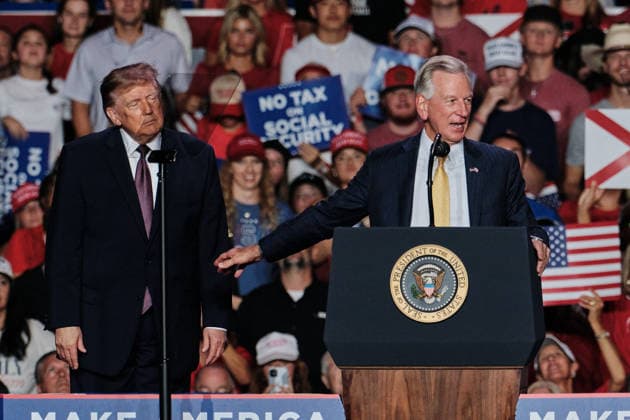 October 2, 2026, Mobile, Alabama, U.S: October 2, 2026 Mobile, Alabama USA: (left to right) US President Donald Trump watches as US Senator for Alabama and Republican nominee for Governor of Alabama Tommy Tuberville speaks at the Mitchell Center at the University of South Alabama. Mobile U.S - ZUMAa14_ 20261002_zaf_a14_020 Copyright: xDanxAndersonx