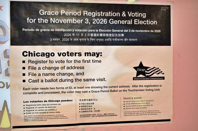 Early voting begins in Chicago ahead of November 3 General Election CHICAGO, ILLINOIS – OCTOBER 2, 2026: A multilingual sign detailing Grace Period Registration and Voting guidelines for the November 3, 2026 General Election is displayed at the Chicago Voter Supersite at 137 S. State St. in downtown Chicago, Illinois, on October 2, 2026. The Supersite opened October 1 for early voting and voter registration ahead of election day. Jacek Boczarski Anadolu Illinois United States. Editorial use only. Please get in touch for any other usage.  Copyright: x2026xAnadoluxJacekxBoczarskix