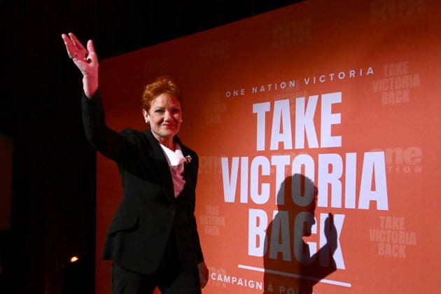 ONE NATION CAMPAIGN LAUNCH, One Nation leader Pauline Hanson arrives to speak during the launch of the One Nation 2026 Victorian State Campaign at in Melbourne, Saturday, October 3, 2026. ( NO ARCHIVING MELBOURNE VICTORIA Australia  Copyright: xJOELxCARRETTx 20261003116527785567