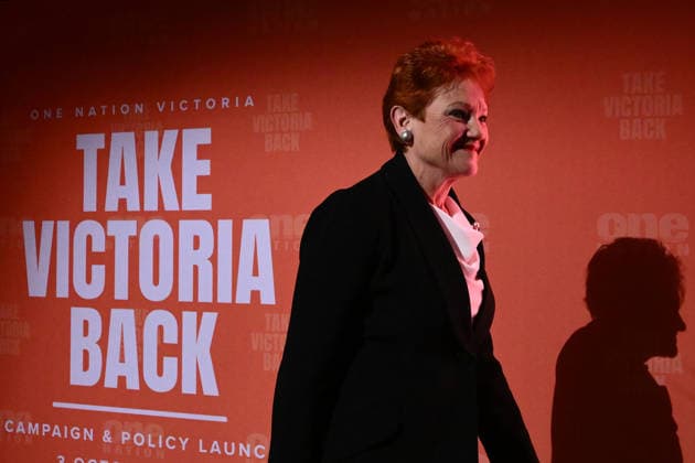 ONE NATION CAMPAIGN LAUNCH, One Nation leader Pauline Hanson arrives to speak during the launch of the One Nation 2026 Victorian State Campaign at in Melbourne, Saturday, October 3, 2026. ( NO ARCHIVING MELBOURNE VICTORIA Australia  Copyright: xJOELxCARRETTx 20261003162326418774