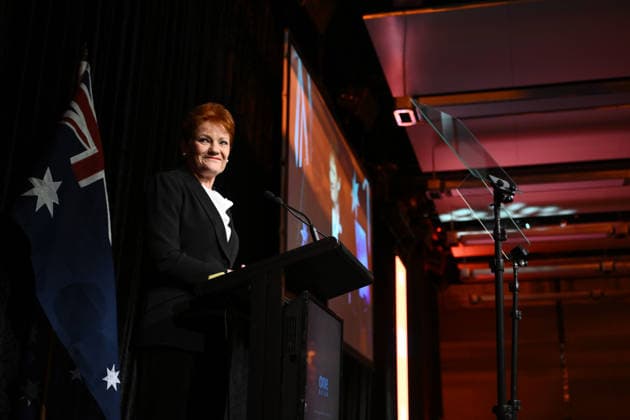 ONE NATION CAMPAIGN LAUNCH, One Nation leader Pauline Hanson speaks during the launch of the One Nation 2026 Victorian State Campaign at in Melbourne, Saturday, October 3, 2026. ( NO ARCHIVING MELBOURNE VICTORIA Australia  Copyright: xJOELxCARRETTx 20261003183721477111