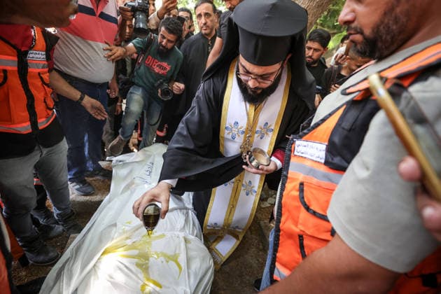 Funeral ceremony for two Palestinian Christians after an Israeli attack in Gaza GAZA CITY, PALESTINE - OCTOBER 03 : Poeple gather during the funeral ceremony for two Palestinian Christian women at the St. Porphyrios Greek Orthodox Church in Gaza City, Palestine on October 03, 2026. Meysa Hidir Ibrahim Abu Dawud and her daughter Marya Hafiz Michel Najjar were killed after an Israeli airstrike. Ali Jadallah Anadolu Gaza City Gaza. Editorial use only. Please get in touch for any other usage.  Copyright: x2026xAnadoluxAlixJadallahx