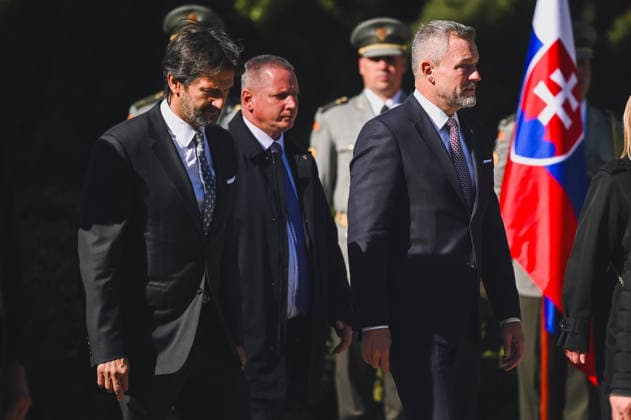 82nd anniversary of the Carpathina-Dukla Operation SVIDNIK, SLOVAKIA – OCTOBER 3: Peter Pellegrini, President of Slovakia (R) and Robert Kalinak, Minister of Defence of Slovakia arrive to the scene as Slovak officials, military personnel and members of the public gather to commemorate the 82nd anniversary of the Carpathian-Dukla Operation, one of the bloodiest military operations fought on Slovak territory during World War II. The commemorations take place at the Military Historical Museum in Svidnik and at the Dukla battlefield memorial complex, honouring the soldiers who fought and died during the operation, which marked the beginning of the direct liberation of Czechoslovakia. Robert Nemeti Anadolu Svidnik Slovakia. Editorial use only.  Copyright: x2026xAnadoluxRobertxNemetix