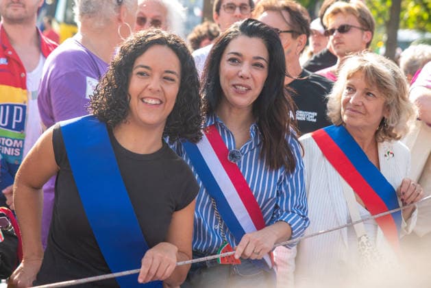 Politics At Paris Pride March - France Manon Aubry and Sophia Chikirou attend the Pride Parade to defend the rights of LGBTQ+ individuals, marching from Place d Italie to Bastille in Paris, France on October 3, 2026. Photo by Denis Prezat ABACAPRESS.COM Paris France  Copyright: xPrezatxDenis ABACAx