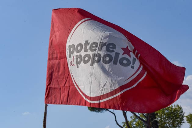 October 3, 2026, Rome, Rome, Italy: A Potere al Popolo flag waves during the demonstration at Piazza Bocca della VeritÃ in Rome on October 3, 2026. Rome Italy - ZUMAn299 20261003_zip_n299_012 Copyright: xVincenzoxNuzzolesex