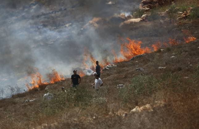 Palestinian Farmers and Civil Defense Extinguish Fire in Asira al-Qibliya ASIRA AL-QIBLIYA, PALESTINE OCTOBER 3, 2026: Palestinian farmers and civil defense personnel extinguished a fire in agricultural fields in Asira al-Qibliya village, south of Nablus, after Israeli army forces fired tear gas in the area. Israeli forces had prevented Palestinians from harvesting olives. Nablus Palestine, State of Copyright: x xNedalxShtiehx xJNAxPressx