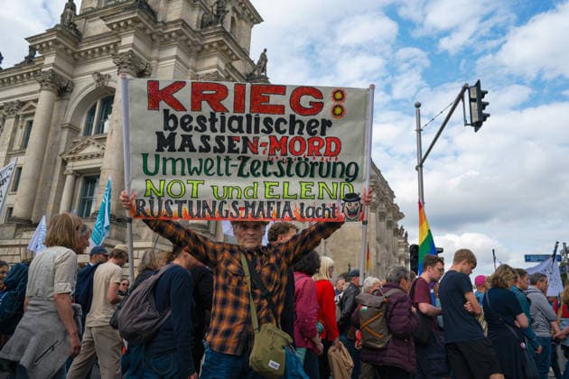October 3, 2026, Berlin, Berlin, Germany: Thousands of people of all ages, including many school-age teenagers, marched through BerlinÃ¢â‚¬â ¢s Mitte district to protest mandatory military service, cuts to social services and increased spending on the arms industry. Berlin Germany  - ZUMAk201 20261003_zip_k201_010 Copyright: xNikosxKanistrasx
