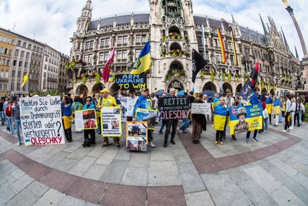 October 3, 2026, Munich, Bavaria, Germany: Coinciding with the Tag der Deutschen Einheit (Day of German Unity), Ukrainians in Munich, Germany not only celebrated the reunification of East and West Germany, they celebrated Ukrainian unity and made pleas to the world to avoid a humanitarian catastrophe and famine in Oleshky, a city in UkraineÃ¢â‚¬â ¢s Kherson region where some 6,000 civilians (with 200 children) are currently under complete isolation via a Russian blockade. Munich Germany  - ZUMAb160 20261003_abp_b160_002 Copyright: xSachellexBabbarx