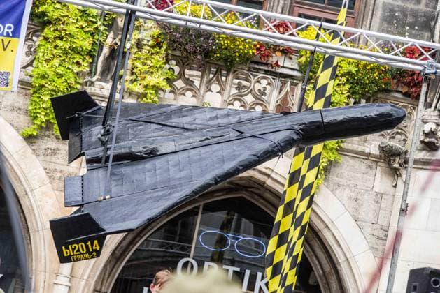 October 3, 2026, Munich, Bavaria, Germany: Thew Ukrainian community of Munich, Germany put a full-size replica of a Shahed drone on display so Germany could see what Ukrainian civilians face daily. Coinciding with the Tag der Deutschen Einheit (Day of German Unity), Ukrainians in Munich, Germany not only celebrated the reunification of East and West Germany, they celebrated Ukrainian unity and made pleas to the world to avoid a humanitarian catastrophe and famine in Oleshky, a city in UkraineÃ¢â‚¬â ¢s Kherson region where some 6,000 civilians (with 200 children) are currently under complete isolation via a Russian blockade. Munich Germany  - ZUMAb160 20261003_abp_b160_007 Copyright: xSachellexBabbarx