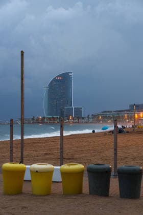 Red alert for extreme weather in Barcelona, Spain. W Hotel views during red alert for extreme weather in Promenade, Barcelona, Spain, on October 3, 2026. Barcelona Promenade Barcelona Spain