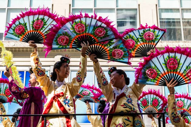 October 3, 2026, New York, New York, USA: Participants at the 2026 NYC Korean Parade raise their traditional fans while riding on a float during the parade. New York USA - ZUMAh214 20261003_znp_h214_011 Copyright: xSDxHerzogx
