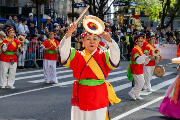 October 3, 2026, New York, New York, USA: Participants at the 2026 NYC Korean Parade play drums and perform a traditional Korean dance during the parade. New York USA - ZUMAh214 20261003_znp_h214_014 Copyright: xSDxHerzogx