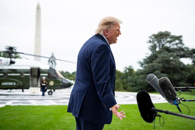 US President Donald J. Trump departs from the White House US President Donald J. Trump speaks to members of the media before boarding Marine One on the South Lawn of the White House, in Washington, DC, USA, 3 October 2026. President Trump is traveling to Ohio for a rally as he campaigns with Republican Party candidates before midterm elections. WASHINGTON DC United States  Copyright: xPool ABACAx