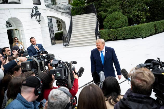 October 3, 2026, Washington, District Of Columbia, USA: United States President Donald J Trump speaks to members of the media before boarding Marine One on the South Lawn of the White House, in Washington, DC, USA, 3 October 2026. President Trump is traveling to Ohio for a rally as he campaigns with Republican Party candidates before midterm elections Washington USA - ZUMAs152 20261003_faa_s152_016 Copyright: xGraemexSloan-PoolxviaxCNPx