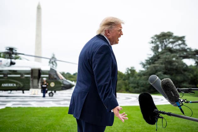 October 3, 2026, Washington, District Of Columbia, USA: United States President Donald J Trump speaks to members of the media before boarding Marine One on the South Lawn of the White House, in Washington, DC, USA, 3 October 2026. President Trump is traveling to Ohio for a rally as he campaigns with Republican Party candidates before midterm elections Washington USA - ZUMAs152 20261003_faa_s152_031 Copyright: xGraemexSloan-PoolxviaxCNPx