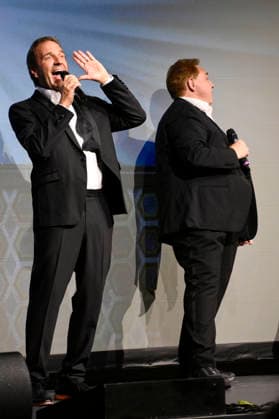 Peter Rütten und Oliver Kalkofe bei der Weltpremiere der ersten Folge der neuen SchleFaZ-Staffel auf Großbildleinwand Geisterjäger John Sinclair - Die Dämonenhochzeit im Ernst-Reuter-Saal. Berlin, 03.10.2026
