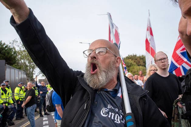 October 3, 2026, Dover, United Kingdom: A far-right protester shouts abusive slogans on to the antifascist protesters during a demonstration in Dover. Supporters of the English Defence League (EDL) gathered in Dover, UK to march through the town all the way to the harbour. English Defence League is an extreme far-right and Islamophobic organisation. It was founded by Tommy Robinson (pseudonym of Steven Yaxley-Lennon) in 2009. Dover United Kingdom - ZUMAs197 20261003_aaa_s197_247 Copyright: xKrisztianxElekx