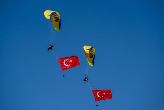 TEKNOFEST Southeast in Turkiye s Sanliurfa SANLIURFA, TURKIYE - OCTOBER 4: Turkish flags are unfurled in the sky during a paramotor demonstration at the Aviation, Space and Technology Festival (TEKNOFEST), world s largest aviation, space, and technology festival at the Sanliurfa GAP Airport for its 15th edition in Sanliurfa, Turkiye on October 4, 2026. Arman Onal Anadolu Sanliurfa Turkey. Editorial use only. Please get in touch for any other usage.  Copyright: x2026xAnadoluxArmanxOnalx