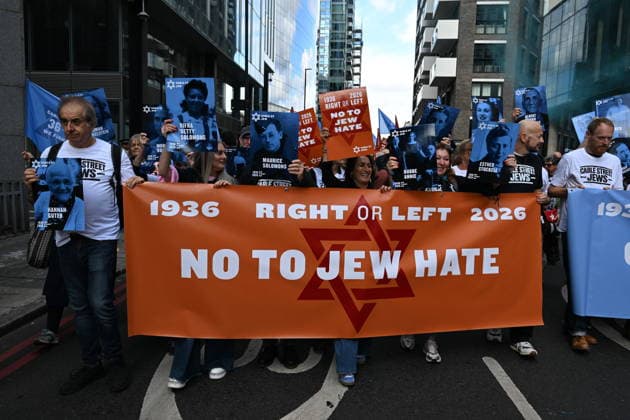 October 4, 2026, London, London, UK: London, UK. Demonstrators representing the Jewish Block take part in a march and rally to mark the 90th anniversary of The Battle of Cable Street in the East End of London. All over the country in 1936, Mosley s British Union of Fascists were chased off the streets by a strong working class who knew that the politics of hate and division offers no solutions. The Battle of Cable Street on 4 October 1936 was by far the countryÃ¢â‚¬â ¢s biggest mobilisation against fascism. London UK  - ZUMAl94_ 20261004_zaf_l94_037 Copyright: xRayxTangx