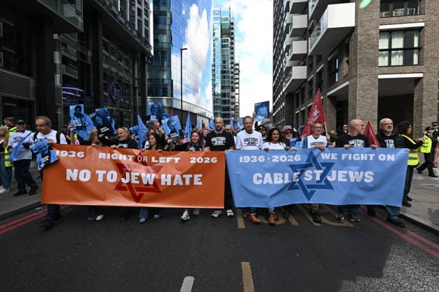 October 4, 2026, London, London, UK: London, UK. Demonstrators representing the Jewish Block take part in a march and rally to mark the 90th anniversary of The Battle of Cable Street in the East End of London. All over the country in 1936, Mosley s British Union of Fascists were chased off the streets by a strong working class who knew that the politics of hate and division offers no solutions. The Battle of Cable Street on 4 October 1936 was by far the countryÃ¢â‚¬â ¢s biggest mobilisation against fascism. London UK  - ZUMAl94_ 20261004_zaf_l94_038 Copyright: xRayxTangx