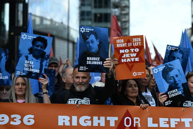 October 4, 2026, London, London, UK: London, UK. Demonstrators representing the Jewish Block take part in a march and rally to mark the 90th anniversary of The Battle of Cable Street in the East End of London. All over the country in 1936, Mosley s British Union of Fascists were chased off the streets by a strong working class who knew that the politics of hate and division offers no solutions. The Battle of Cable Street on 4 October 1936 was by far the countryÃ¢â‚¬â ¢s biggest mobilisation against fascism. London UK  - ZUMAl94_ 20261004_zaf_l94_040 Copyright: xRayxTangx