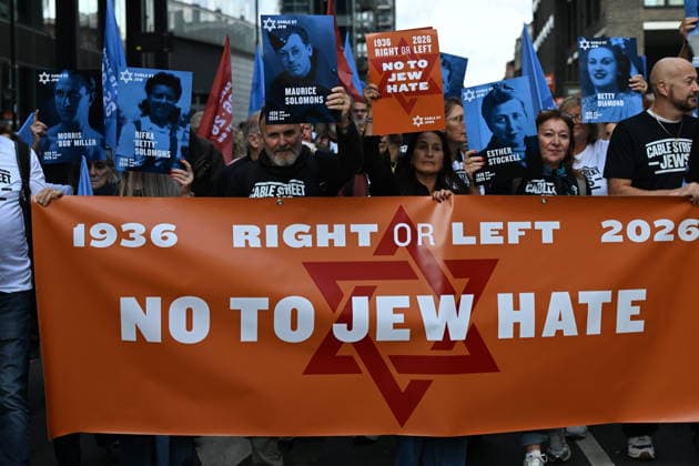 October 4, 2026, London, London, UK: London, UK. Demonstrators representing the Jewish Block take part in a march and rally to mark the 90th anniversary of The Battle of Cable Street in the East End of London. All over the country in 1936, Mosley s British Union of Fascists were chased off the streets by a strong working class who knew that the politics of hate and division offers no solutions. The Battle of Cable Street on 4 October 1936 was by far the countryÃ¢â‚¬â ¢s biggest mobilisation against fascism. London UK  - ZUMAl94_ 20261004_zaf_l94_041 Copyright: xRayxTangx
