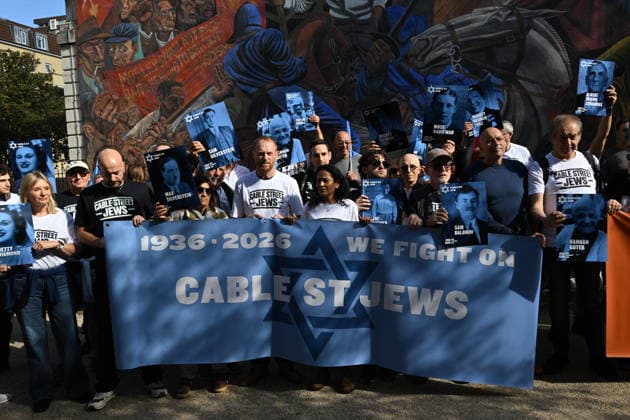 October 4, 2026, London, London, UK: London, UK. Demonstrators representing the Jewish Block take part in a march and rally to mark the 90th anniversary of The Battle of Cable Street in the East End of London. All over the country in 1936, Mosley s British Union of Fascists were chased off the streets by a strong working class who knew that the politics of hate and division offers no solutions. The Battle of Cable Street on 4 October 1936 was by far the countryÃ¢â‚¬â ¢s biggest mobilisation against fascism. London UK  - ZUMAl94_ 20261004_zaf_l94_054 Copyright: xRayxTangx