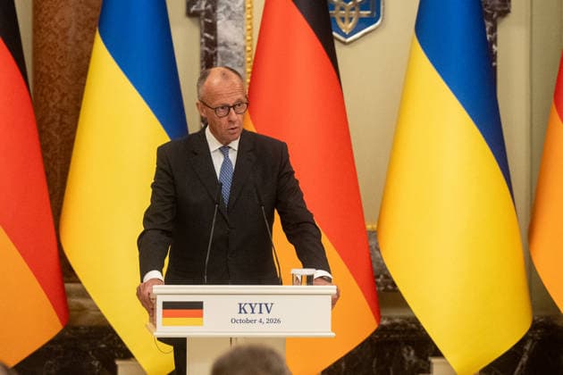 Ukraine Volodymyr Zelenskyi - German Chancellor Friedrich Merz meeting in Kyiv KYIV, UKRAINE - OCTOBER 04: Chancellor of Germany Friedrich Merz attends a press conference after his meeting with the President of Ukraine Volodymyr Zelenskyi in Kyiv on October 4 2026. Danylo Antoniuk Anadolu Kyiv Ukraine. Editorial use only. Please get in touch for any other usage.  Copyright: x2026xAnadoluxDanyloxAntoniukx
