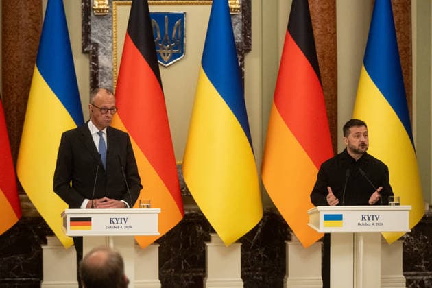 Ukraine Volodymyr Zelenskyi - German Chancellor Friedrich Merz meeting in Kyiv KYIV, UKRAINE - OCTOBER 04: Chancellor of Germany Friedrich Merz (L) and President of Ukraine Volodymyr Zelenskyi (R) attend a joint press conference after their a meeting with in Kyiv on October 4 2026. Danylo Antoniuk Anadolu Kyiv Ukraine. Editorial use only. Please get in touch for any other usage.  Copyright: x2026xAnadoluxDanyloxAntoniukx