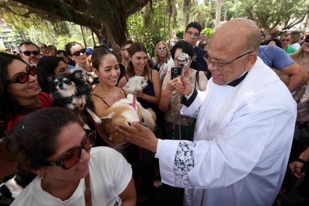 October 4, 2026, Rio De Janeiro, Rio De Janeiro, Brazil: PADRE JORGE LUIZ NEVES PEREIRA DA SILVA blessed over 100 pets who gathered at Praca Nossa Senhora da Paz in Ipanema, spreading prayers and holy water, as Nossa Senhora da Paz Church celebrated the Feast of St. Francis of Assisi with the traditional Blessing of the Animals honoring the patron saint of ecology and all creatures great and small. Rio De Janeiro Brazil  - ZUMAk251 20261004_znp_k251_008 Copyright: xBobxKarpx