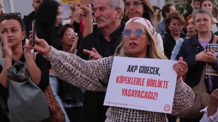 Animal Rights Activists Formed Human Chain In Izmir Against Euthanasia Law IZMIR, TURKEY OCTOBER 4, 2026: Animal rights activists staged a protest in Izmir on World Animal Protection Day, opposing the decision to round up and euthanize stray animals. Members of the Izmir Right to Life Advocates gathered in front of Alsancak Train Station in the Konak district and protested against the Law Amending the Animal Protection Act, which was passed by the Grand National Assembly of Turkey on July 30, 2024, published in the Official Gazette on August 2, 2024, and entered into force. Activists marched from Alsancak Station along Cyprus Martyrs Street before gathering in front of the Türkan Saylan Cultural Center. Chanting slogans including No Copyright: x xTurgayxKilicx xJNAxPressx
